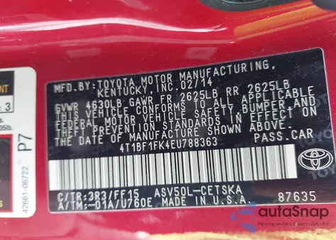 2014 Toyota Camry Se из США, поврежденный, VIN 4T1BF1FK4EU788363